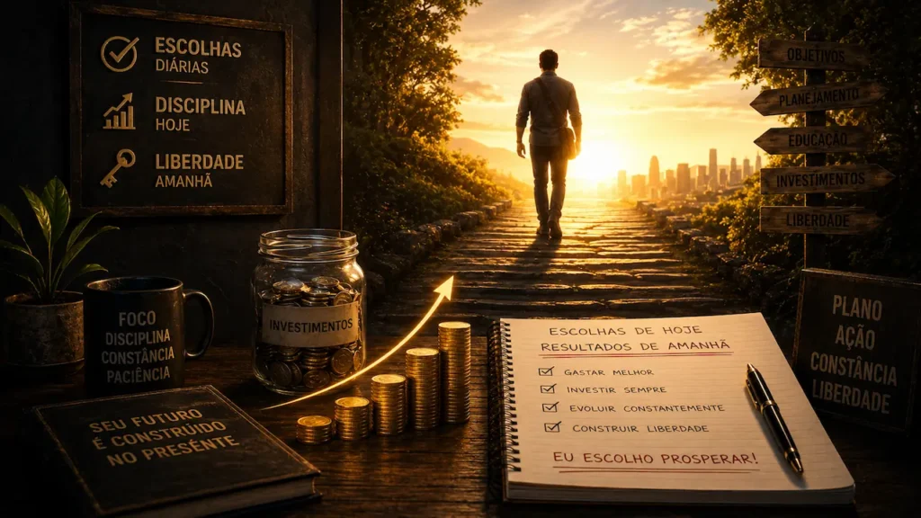 Por Que Seu Dinheiro Some e Como Mudar Isso Homem caminha em direção ao sol em uma estrada, com itens de planejamento financeiro, investimentos e frases de sucesso.