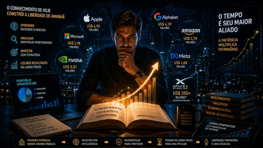 Por que as Gigantes da Tecnologia Lucram Bilhões e Como Investir Nelas Investidor pensativo sobre livro aberto com gráfico luminoso, cercado por logos de empresas e conceitos financeiros.