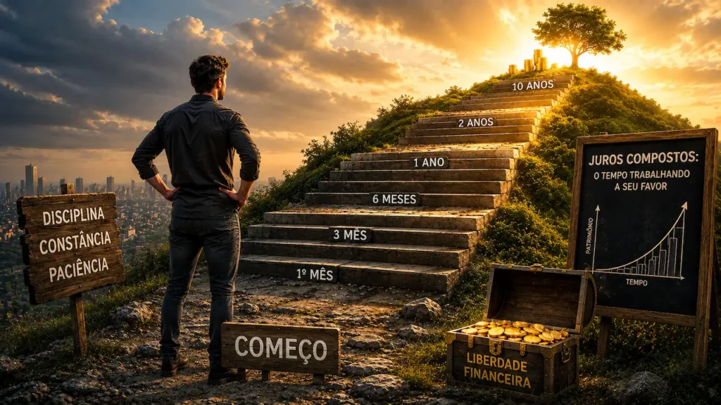 O Poder dos Juros Compostos: Rumo ao Primeiro Milhão Escada simboliza o crescimento dos juros compostos até a liberdade financeira por meio da constância.