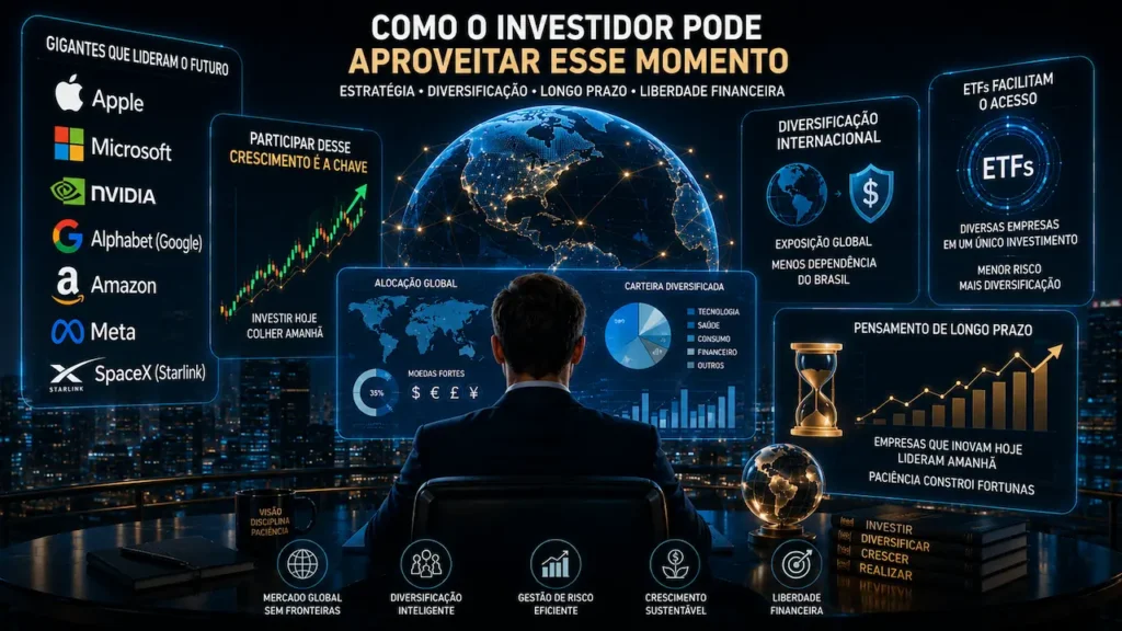 Por que as Gigantes da Tecnologia Lucram Bilhões e Como Investir Nelas Investidor analisa painéis holográficos sobre diversificação, ETFs e estratégias de investimento de longo prazo.