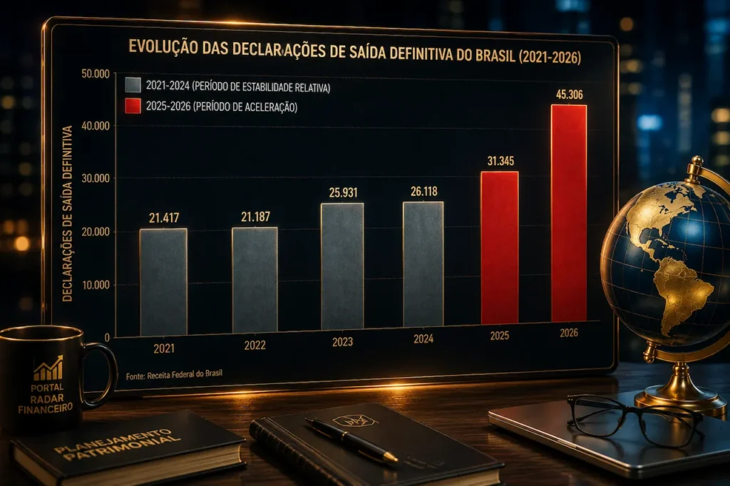 Por que milionários estão deixando o Brasil? Entenda os impactos na economia Gráfico mostra a evolução das declarações de saída definitiva do Brasil entre 2021 e 2026, com forte alta nos últimos anos.