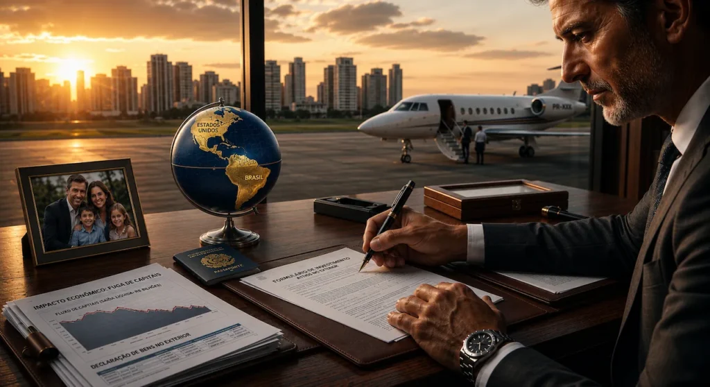 Por que milionários estão deixando o Brasil? Entenda os impactos na economia Executivo assina documentos de transferência de bens no exterior, com jato executivo ao fundo e globo terrestre.