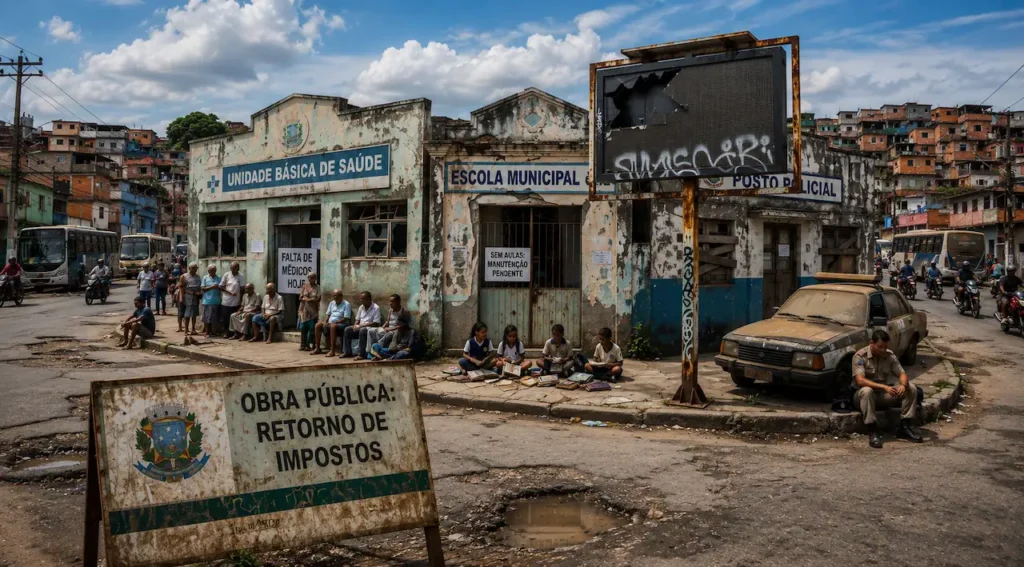 Por que milionários estão deixando o Brasil? Entenda os impactos na economia escola em ruínas, posto de saúde sucateados e placa de obra pública destacam a falta de retorno dos impostos no Brasil.