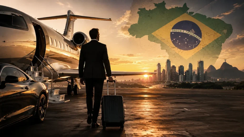 Por que milionários estão deixando o Brasil? Entenda os impactos na economia Homem de terno embarca em jato executivo com mapa do Brasil ao fundo, ilustrando a saída de milionários do país.