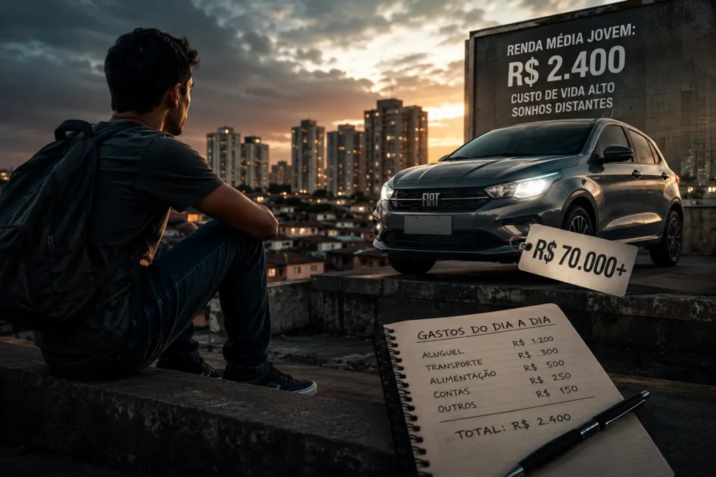 Geração Z e a Vida Adulta: Por que a Matemática Deixou de Fechar? Jovem observa carro zero e custo de vida elevado, destacando os desafios financeiros da Geração Z.