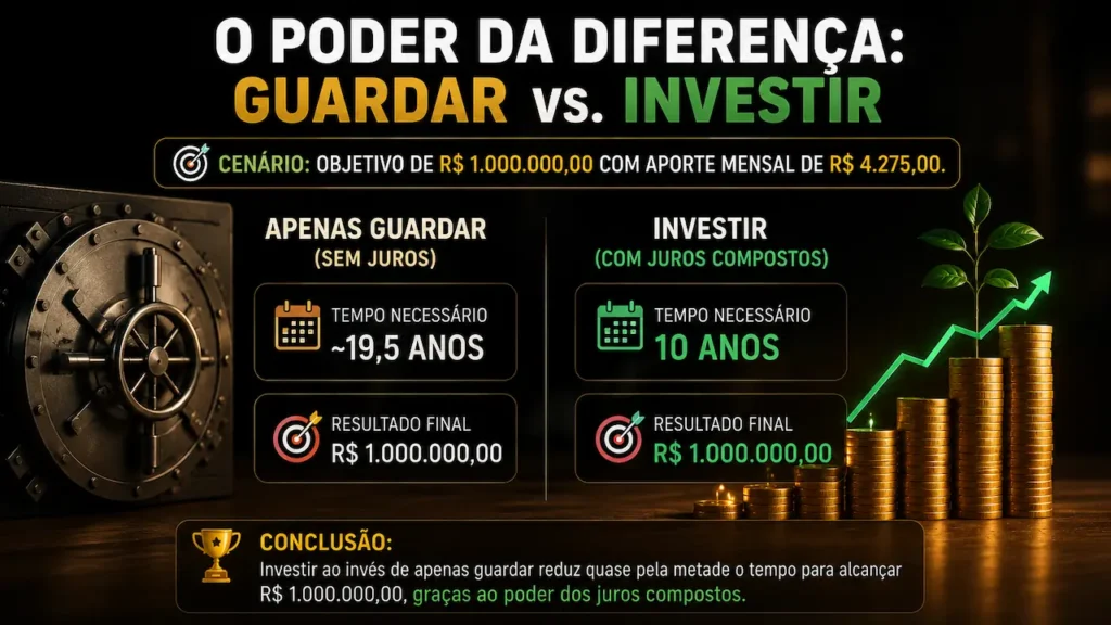 O Poder dos Juros Compostos: Rumo ao Primeiro Milhão Comparação entre guardar e investir mostra como os juros compostos aceleram o caminho até R$ 1 milhão.