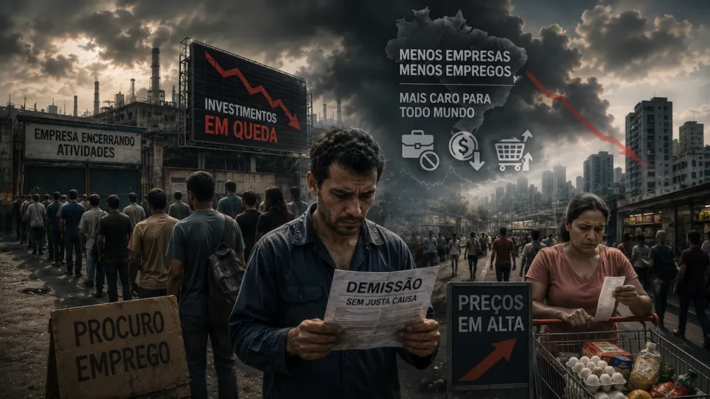 Por que milionários estão deixando o Brasil? Entenda os impactos na economia Homem triste segura aviso de demissão em cenário urbano de crise econômica, desemprego e alta de preços no Brasil.