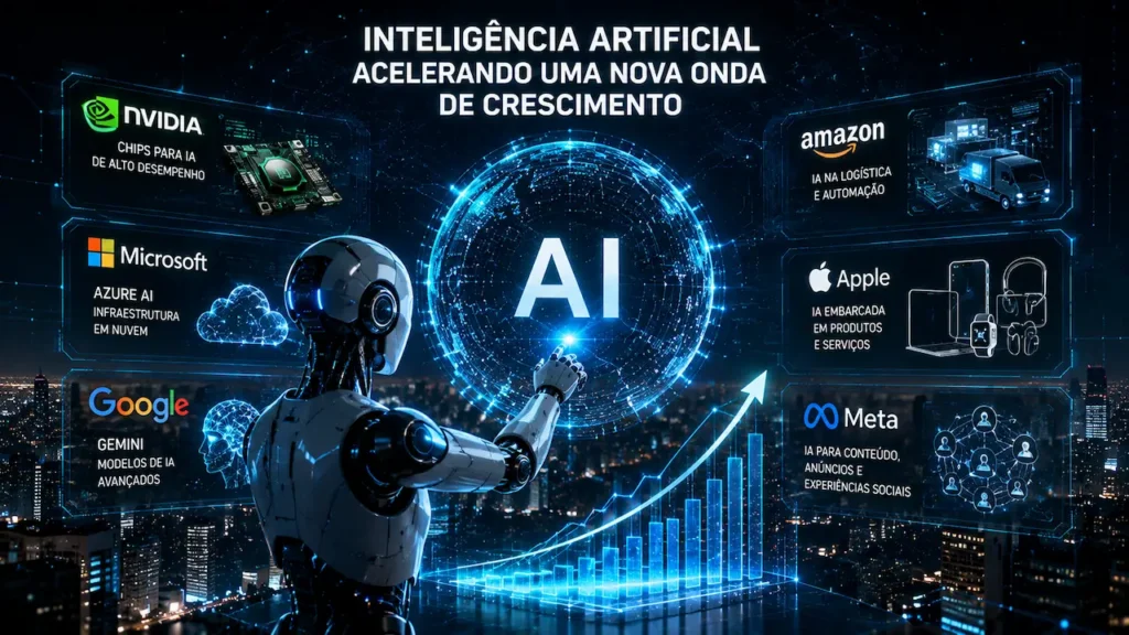 Por que as Gigantes da Tecnologia Lucram Bilhões e Como Investir Nelas Robô interage com holograma de IA e gráficos, rodeado por logotipos de Nvidia, Microsoft, Google, Amazon, Apple e Meta.