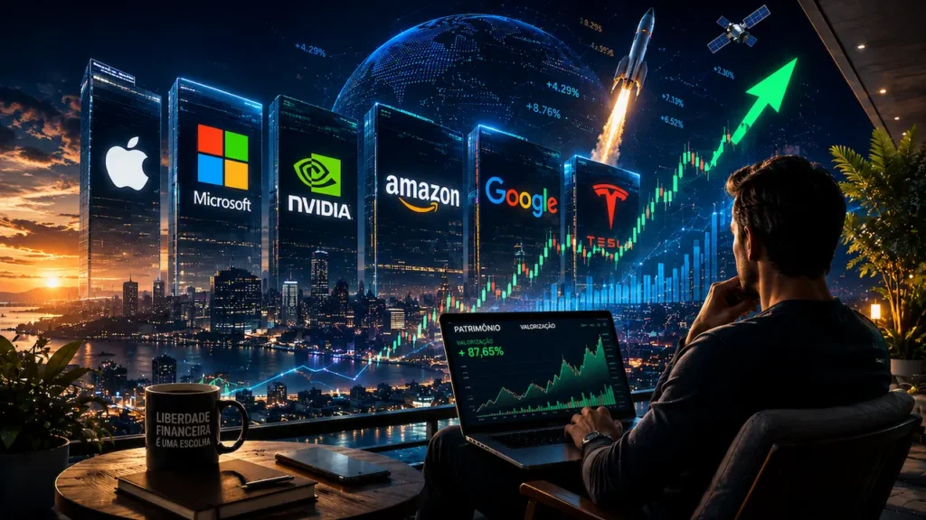 Por que as Gigantes da Tecnologia Lucram Bilhões e Como Investir Nelas Investidor olha gráfico de ações em laptop com logotipos de empresas de tecnologia em prédios iluminados ao fundo à noite.