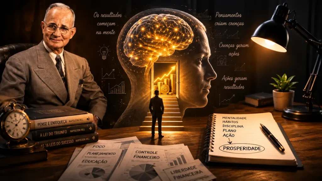 Por Que Seu Dinheiro Some e Como Mudar Isso Napoleon Hill ao lado de uma silhueta mental brilhante com degraus em direção a uma luz, simbolizando a jornada da prosperidade.