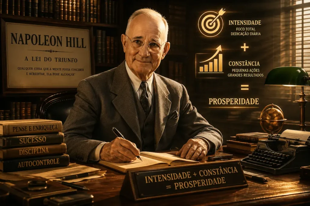 Intensidade e Consistência: O Segredo da Prosperidade Napoleon Hill destaca que intensidade e constância são os pilares da prosperidade e da construção de riqueza duradoura.