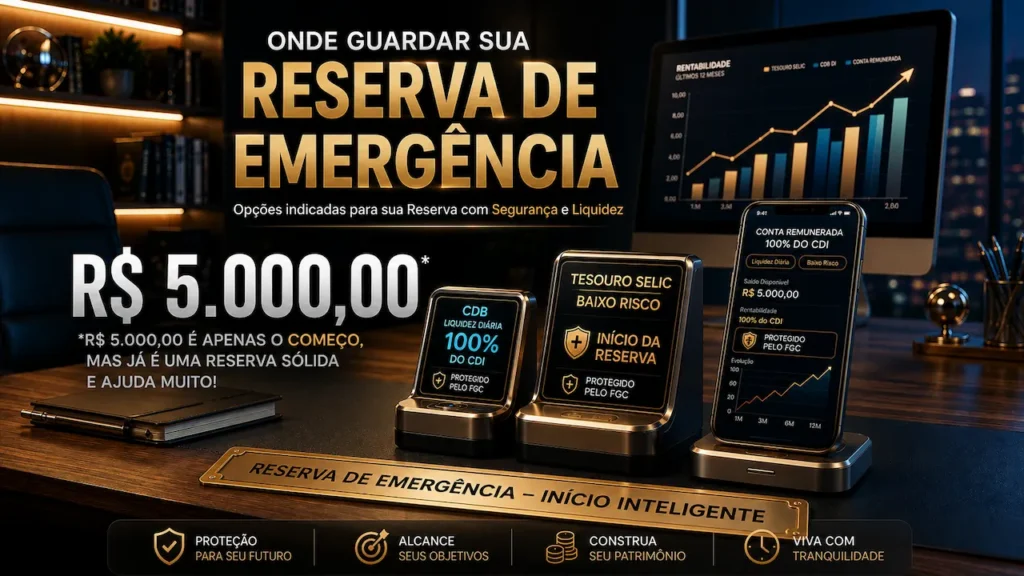 Reserva de Emergência: O Primeiro Passo Inteligente para Começar a Investir Tesouro Selic, CDB e conta remunerada como opções para guardar a reserva de emergência com segurança e liquidez.
