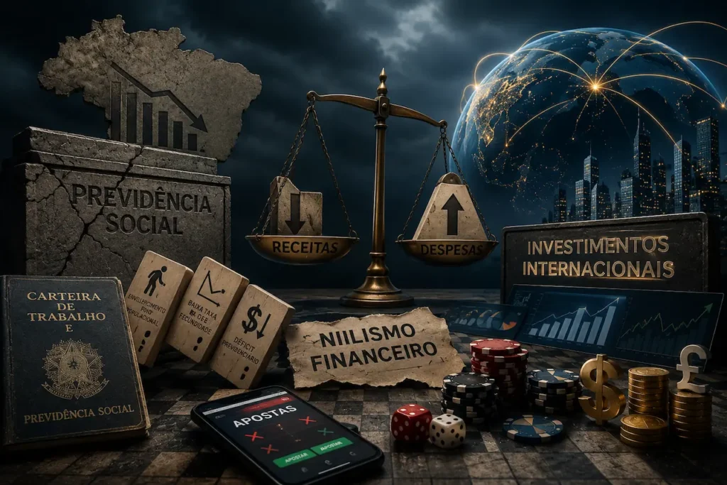 Geração Z e a Vida Adulta: Por que a Matemática Deixou de Fechar? Imagem simboliza Previdência Social, niilismo financeiro e busca por investimentos internacionais.