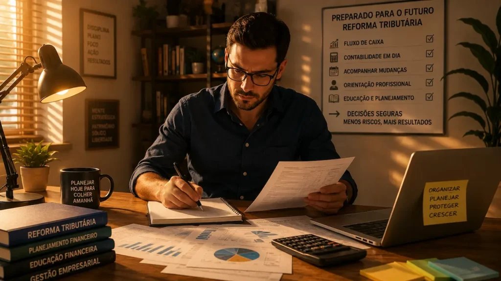 Reforma Tributária 2027: Como o Split Payment Vai Mudar o Brasil Profissional organizado em seu escritório revisando documentos e gráficos financeiros para se adaptar à reforma tributária.
