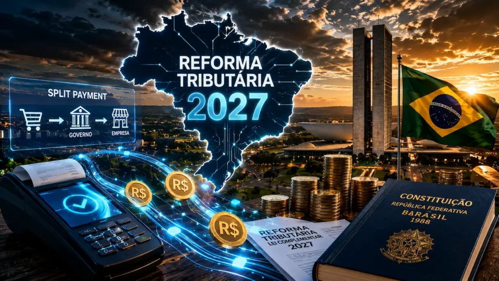Reforma Tributária 2027: Como o Split Payment Vai Mudar o Brasil Infográfico conceitual sobre a Reforma Tributária 2027 no Brasil, destacando o mapa digital, maquininha e a Constituição Federal.
