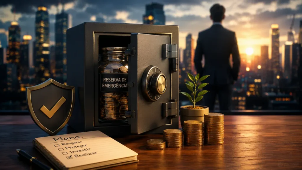 Reserva de Emergência: O Primeiro Passo Inteligente para Começar a Investir Cofre com reserva de emergência simboliza segurança financeira antes de começar a investir com tranquilidade.