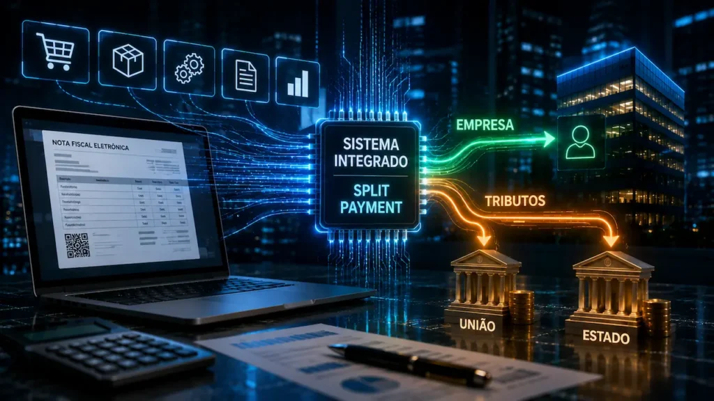 Reforma Tributária 2027: Como o Split Payment Vai Mudar o Brasil Esquema digital de Split Payment mostrando a divisão automática de tributos entre empresas, União e Estados via nota fiscal.