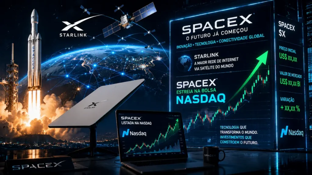 Por que as Gigantes da Tecnologia Lucram Bilhões e Como Investir Nelas Foguete SpaceX decola ao lado de terminal Starlink e tela com dados da bolsa de valores Nasdaq sobre futuro tecnológico.