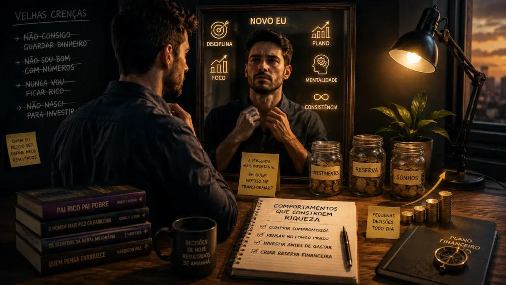 Por Que Seu Dinheiro Some e Como Mudar Isso Homem reflete no espelho superando crenças limitantes com novos hábitos financeiros, potes de reserva e livros sobre finanças.