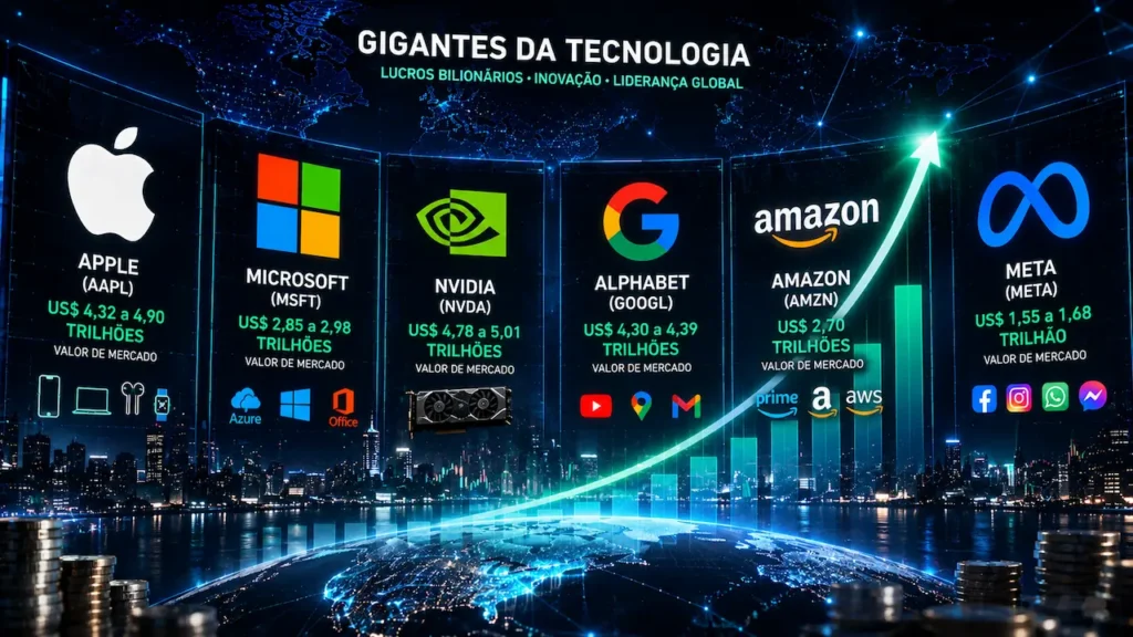 Por que as Gigantes da Tecnologia Lucram Bilhões e Como Investir Nelas Infográfico com valor de mercado de Apple, Microsoft, Nvidia, Google, Amazon e Meta sobre fundo de cidade e globo noturno.