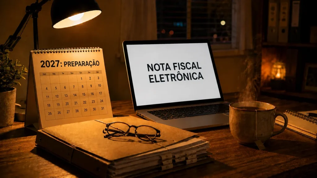 Reforma tributária: autônomo vai precisar de CNPJ em 2027? Calendário de mesa iluminado por abajur mostrando '2027: Preparação', ao lado de notebook, pasta de documentos organizada e xícara de chá, remetendo à organização financeira antes da reforma tributária entrar em vigor.