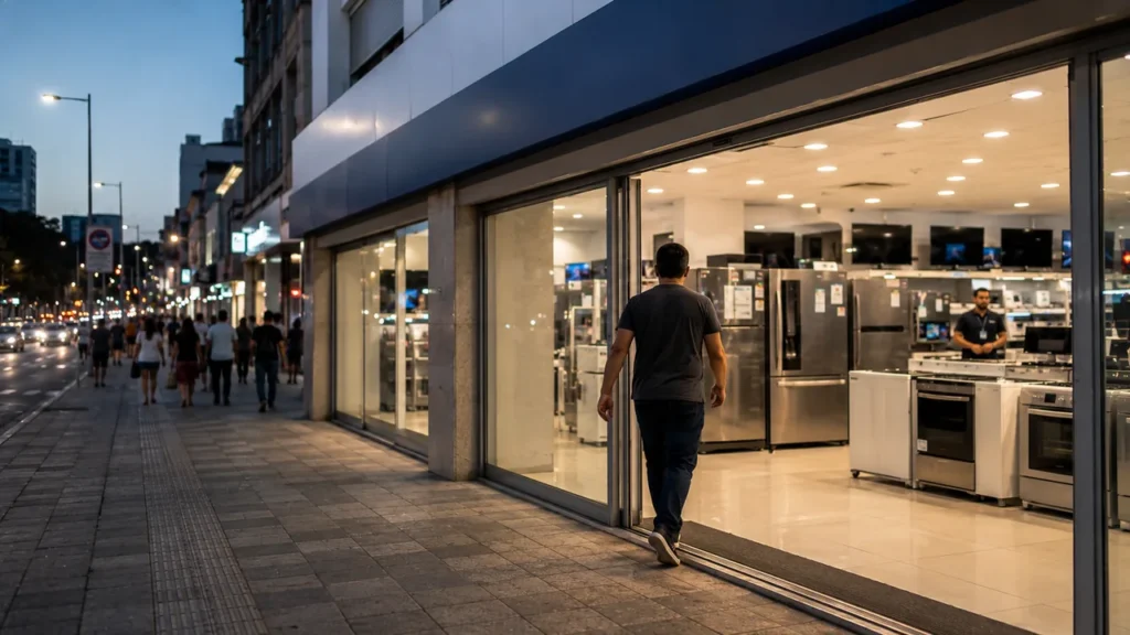 Casas Bahia Pede Recuperação Judicial: O Que Está Por Trás da Crise do Varejo em 2026 Cliente entrando em loja de eletrodomésticos ao entardecer, com vendedor ao fundo e produtos organizados nas prateleiras.