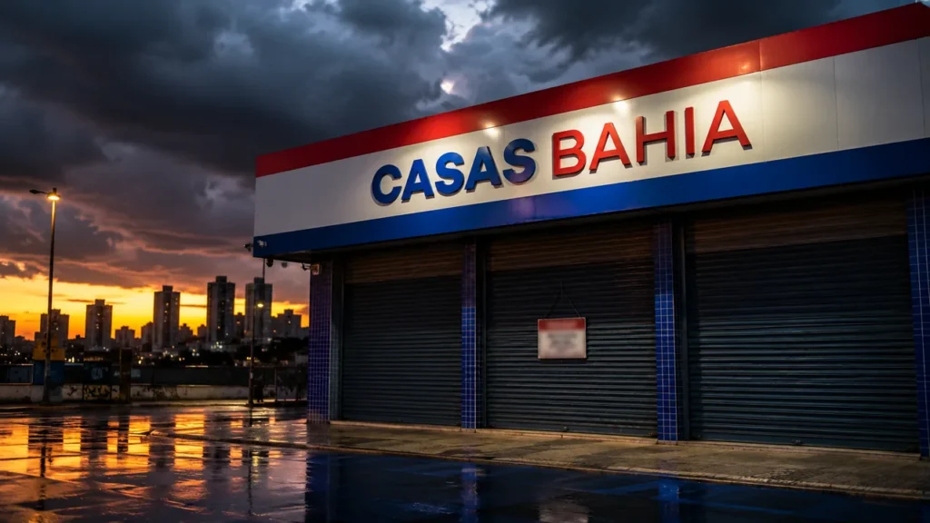 Fachada de loja Casas Bahia com portas metálicas fechadas ao entardecer, céu nublado e aviso de fechamento na entrada.
