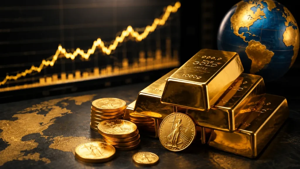 Barras e moedas de ouro com gráfico de mercado em alta e globo terrestre ao fundo, representando investimento global em ouro.