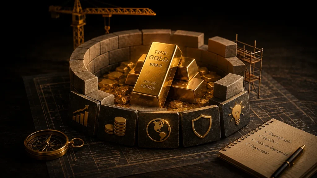 Como Investir em Ouro e Proteger seu Patrimônio Muro de pedra em construção protege barras de ouro, com ícones de crescimento e proteção, simbolizando patrimônio construído aos poucos.