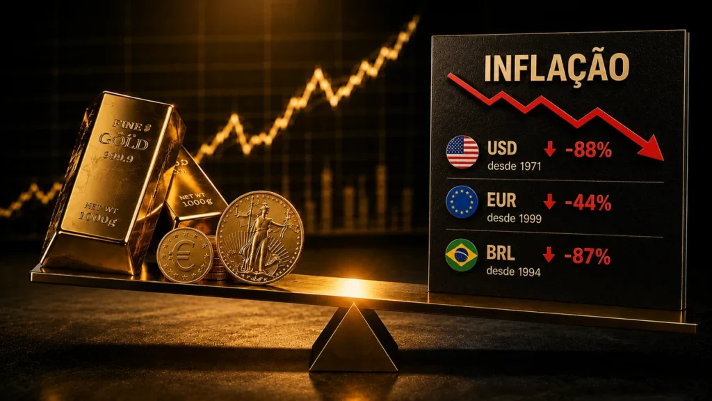 Como Investir em Ouro e Proteger seu Patrimônio Balança compara ouro com a queda no poder de compra do dólar, euro e real desde 1971, provando sua proteção contra a inflação
