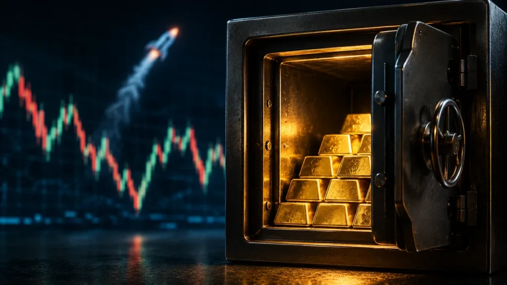 Como Investir em Ouro e Proteger seu Patrimônio Cofre com barras de ouro em primeiro plano, contrastando com gráfico volátil e foguete ao fundo, simbolizando proteção e especulação.