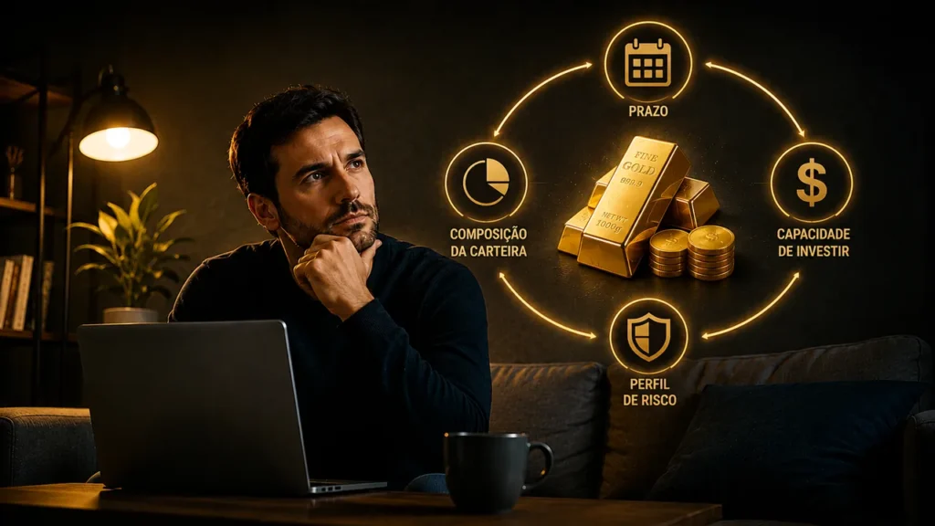 Como Investir em Ouro e Proteger seu Patrimônio Investidor pensativo ao lado de barras de ouro, cercado por ícones de prazo, capacidade de investir e composição da carteira.