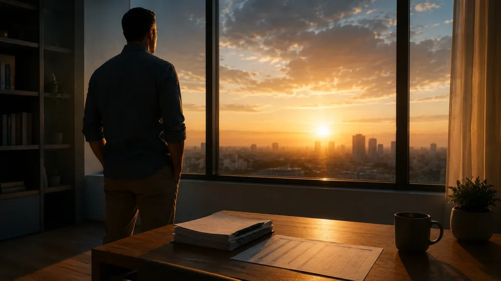 Homem observando o nascer do sol pela janela do escritório, com planejamento financeiro organizado sobre a mesa, simbolizando o recomeço depois de sair do vermelho.