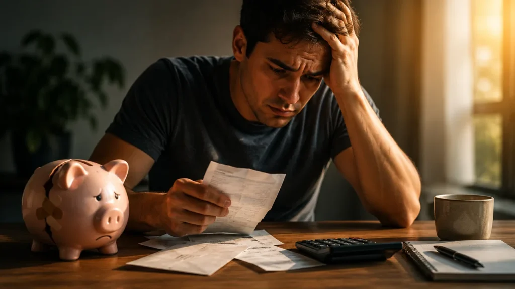 Homem sentado à mesa analisando boletos atrasados com a mão na cabeça, cofrinho quebrado e calculadora ao lado, ilustrando o momento de diagnosticar as dívidas antes de organizar as finanças.