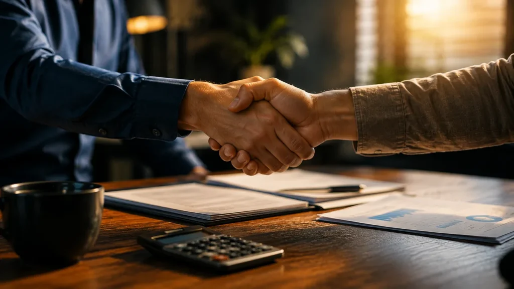 Aperto de mãos sobre uma mesa com documentos financeiros e calculadora desfocados ao fundo, representando o momento de negociação e acordo entre credor e devedor.
