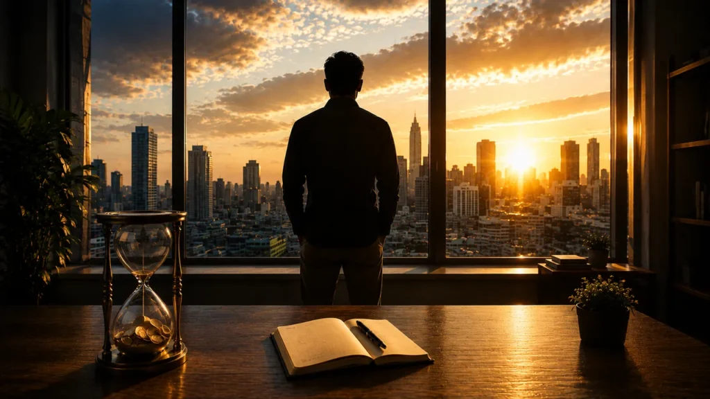 Quanto Vale uma Hora de Trabalho no Brasil? Faça a Conta Silhueta de uma pessoa observando o amanhecer sobre uma cidade, com uma ampulheta com moedas sobre a mesa, simbolizando clareza e controle sobre o tempo e o dinheiro.