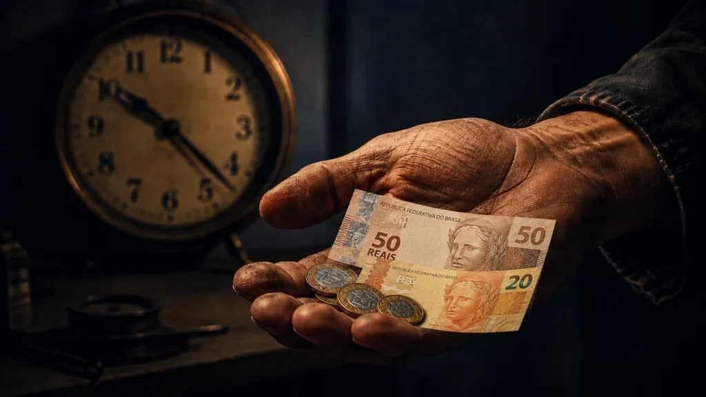 Quanto Vale uma Hora de Trabalho no Brasil? Faça a Conta Mão calejada de trabalhador segurando poucas notas e moedas de Real, com um relógio de parede ao fundo, representando o custo em tempo de trabalho para quem ganha menos.