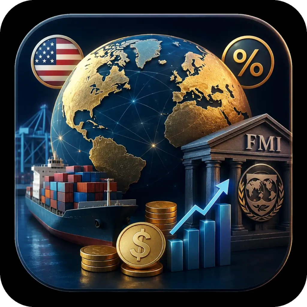 Home Globo terrestre dourado, navio de cargas, FMI, moedas e gráfico financeiro representam a economia global.