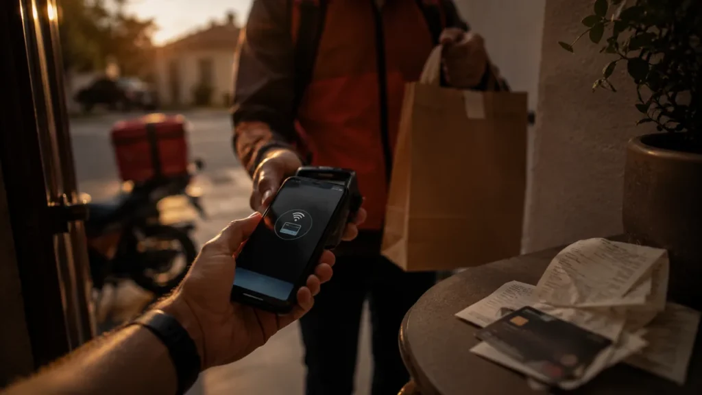 Pagamento por aproximação para entregador de delivery, exemplo de gasto invisível recorrente.