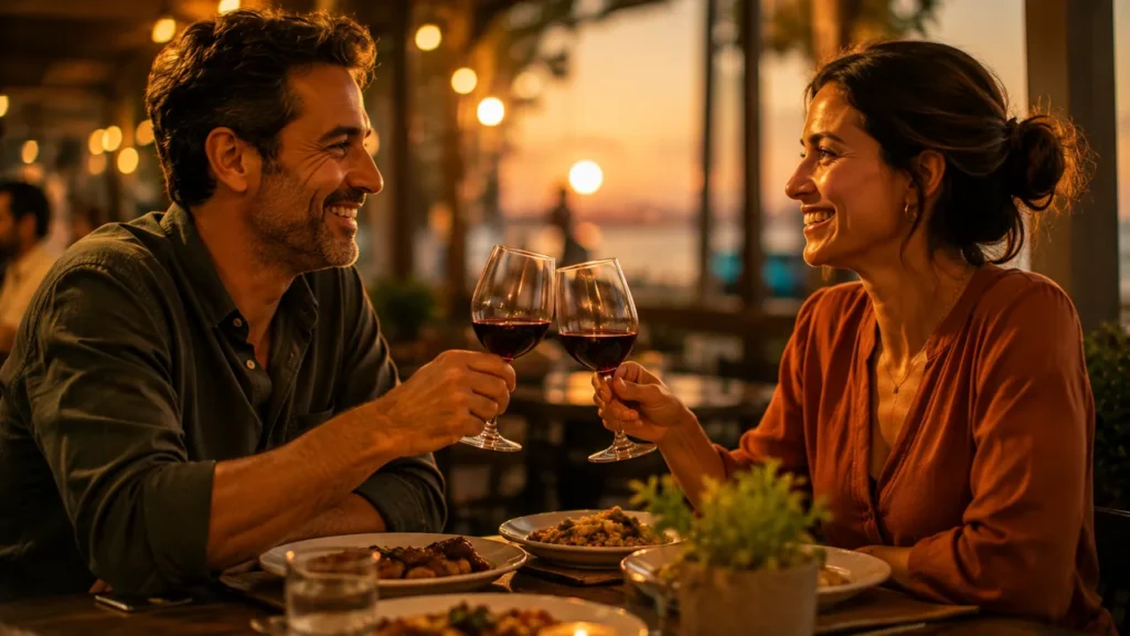 Casal brindando em jantar, exemplo de gasto consciente que vale a pena no orçamento.