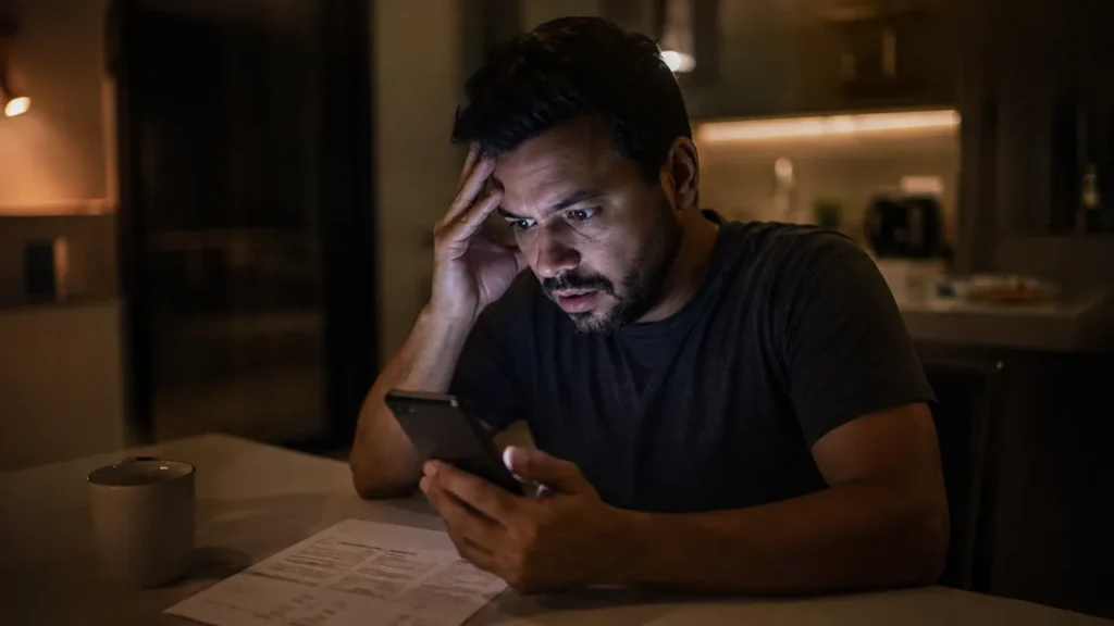 Homem observando o celular à noite, preocupado ao perceber gastos invisíveis no orçamento.