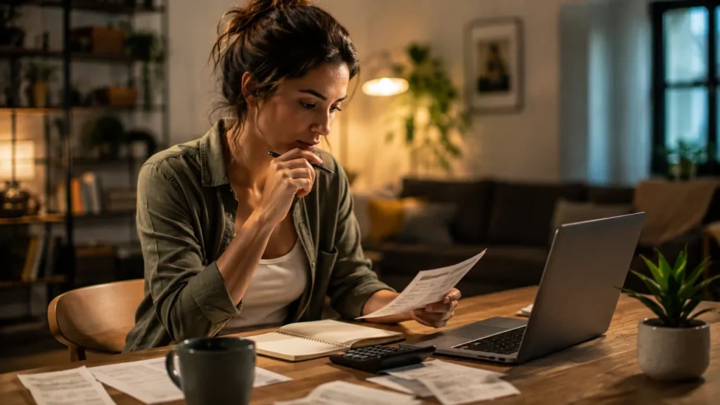 Mulher analisando extrato bancário e recibos para identificar gastos invisíveis no orçamento