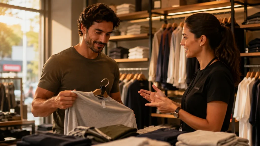 O Que Impede Você de Enriquecer? Hábitos Financeiros Que Podem Estar Drenando Seu Dinheiro Homem experimentando uma camiseta em loja de roupas, atendido por vendedora, representando uma compra feita por impulso e sem planejamento