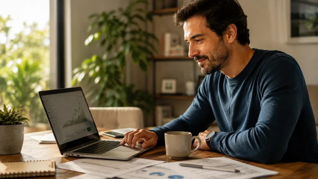 O Que Impede Você de Enriquecer? Hábitos Financeiros Que Podem Estar Drenando Seu Dinheiro Homem analisando gráfico de investimentos no notebook em casa, com café ao lado, representando o hábito de fazer o dinheiro trabalhar