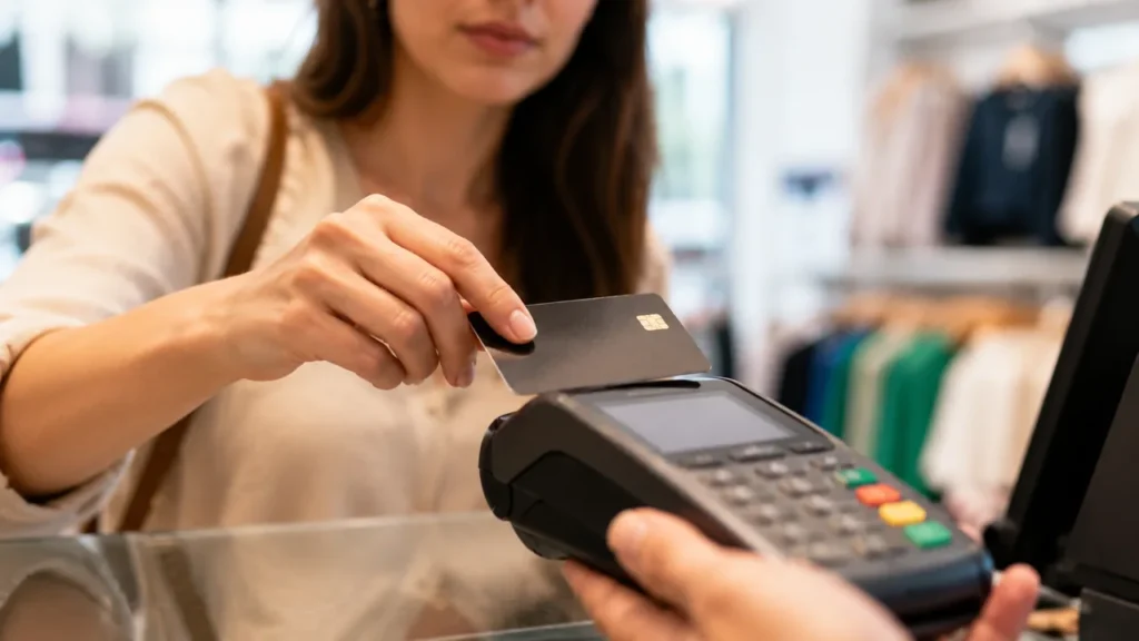 O Que Impede Você de Enriquecer? Hábitos Financeiros Que Podem Estar Drenando Seu Dinheiro Mulher pagando por aproximação com cartão de crédito em maquininha de loja, ilustrando o hábito de gastar sem perceber o impacto