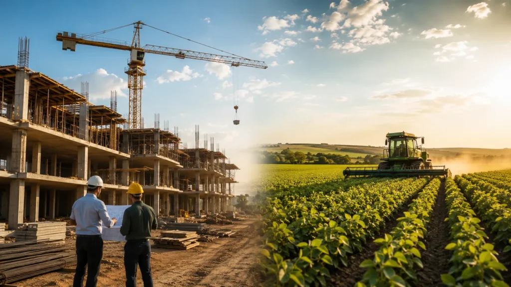 LCI e LCA: Por Que Continuam Isentas de Imposto de Renda em 2026 Canteiro de obras residencial e lavoura agrícola lado a lado, representando os setores imobiliário e do agronegócio financiados por LCI e LCA