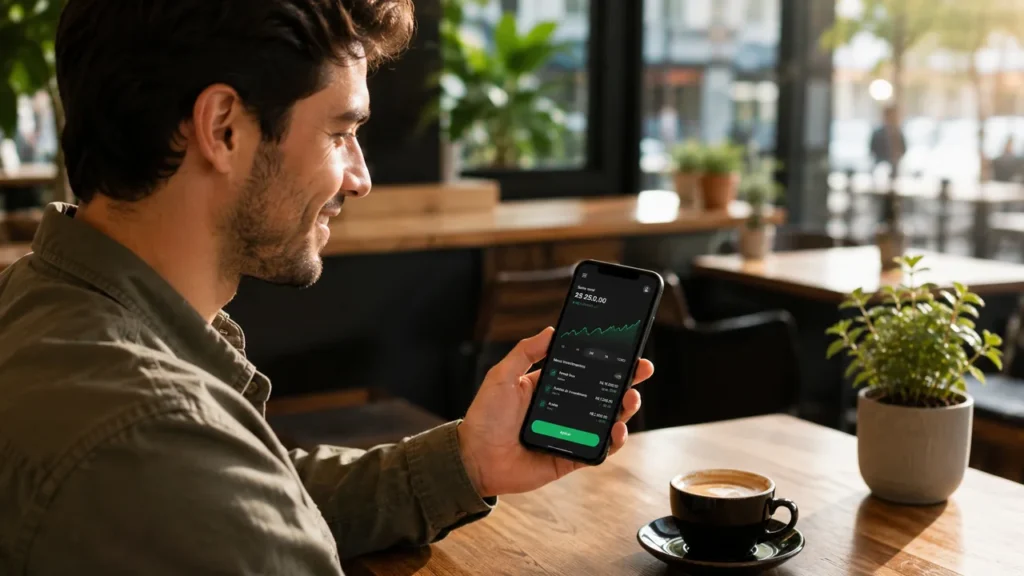 LCI e LCA: Por Que Continuam Isentas de Imposto de Renda em 2026 Pessoa segurando smartphone com aplicativo de investimentos mostrando aplicação em renda fixa, representando como investir em LCI e LCA na prática