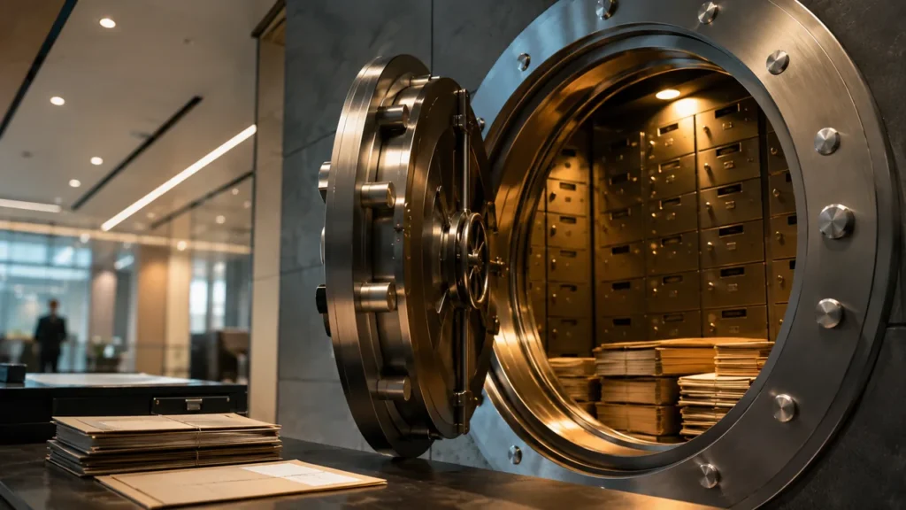 LCI e LCA: Por Que Continuam Isentas de Imposto de Renda em 2026 Cofre bancário aberto com documentos organizados, representando a proteção do Fundo Garantidor de Créditos (FGC) para investimentos em LCI e LCA
