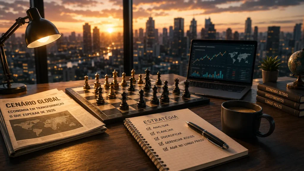 Mesa de operações com gráficos, globo, tabuleiro de xadrez e jornal sobre crise econômica global.