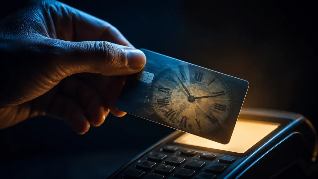 Quanto Vale uma Hora de Trabalho no Brasil? Faça a Conta Mão segurando cartão de crédito com um relógio sobreposto, prestes a aproximar de uma maquininha de pagamento, simbolizando a pausa antes de uma compra.